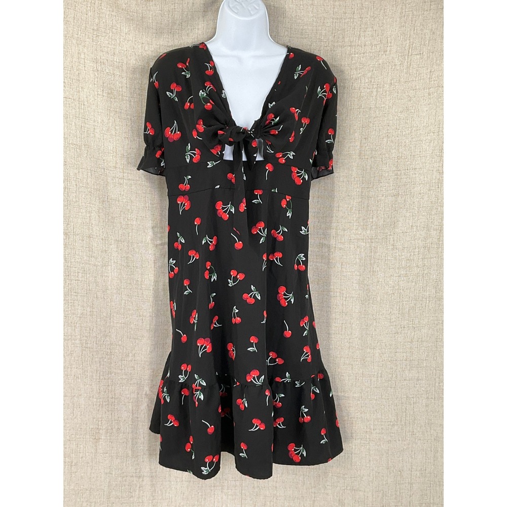 Whimsical Dress Womens XL Cherry Print Tie Front Cutout Black Red Pinup Coquette